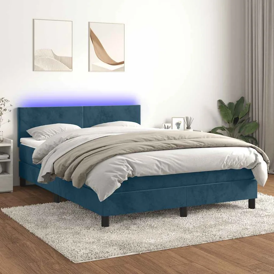 Sommier à lattes de lit avec matelas LED Bleu foncé 140x200 cm