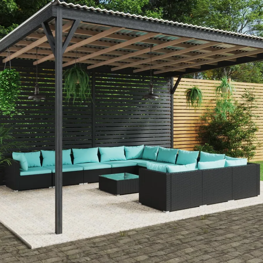 Salon de jardin 12 pcs avec coussins Résine tressée Noir