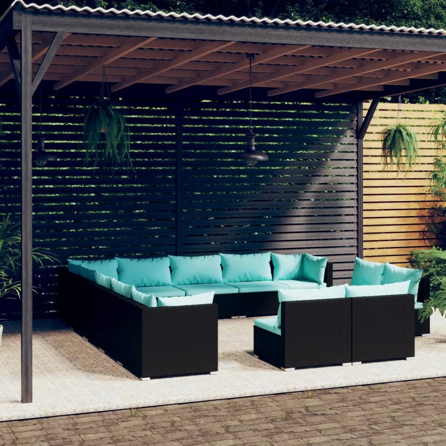 Salon de jardin 13 pcs avec coussins Noir Résine tressée