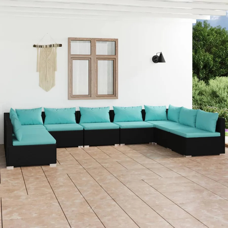 Salon de jardin 9 pcs avec coussins Résine tressée Noir