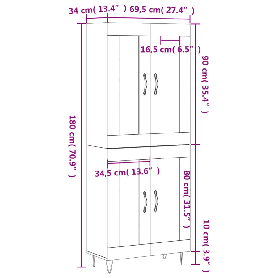 Buffet haut Blanc 69,5x34x180 cm Bois d'ingénierie - 13