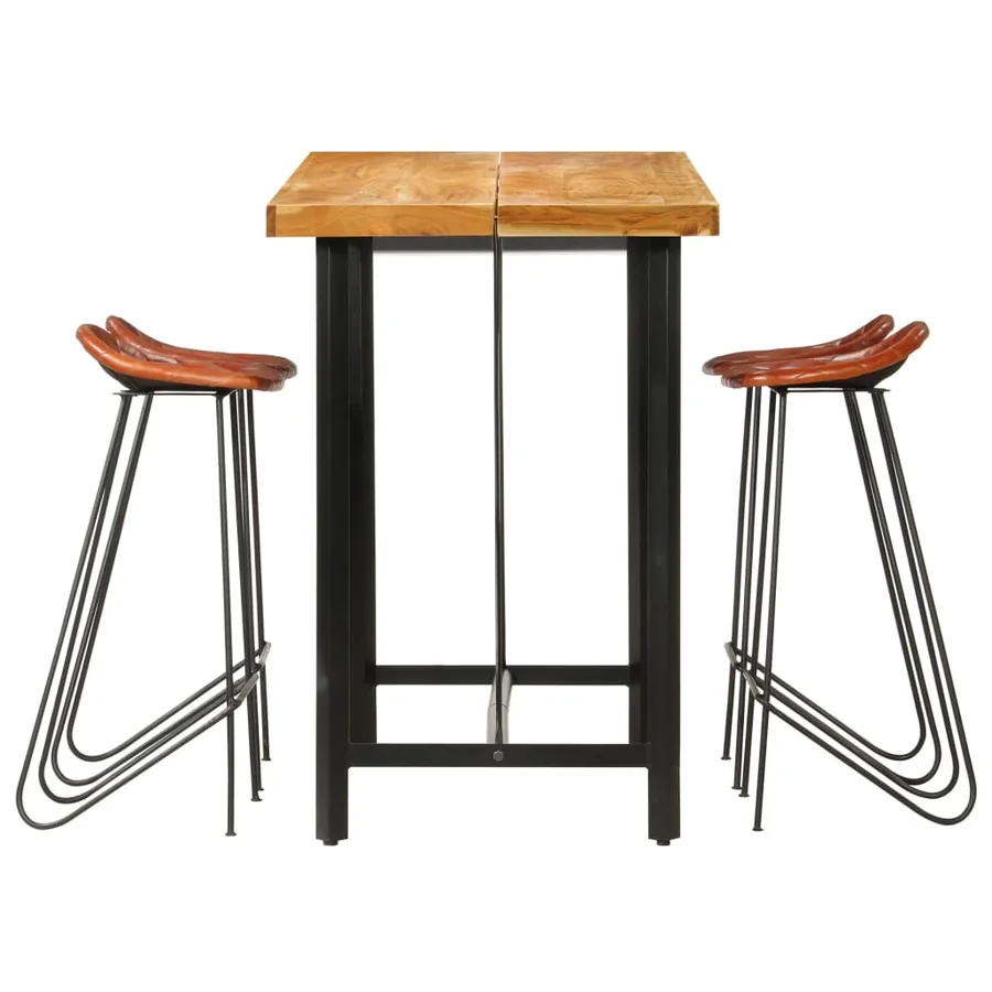Ensemble de bar 5 pcs Bois solide et cuir véritable - 3