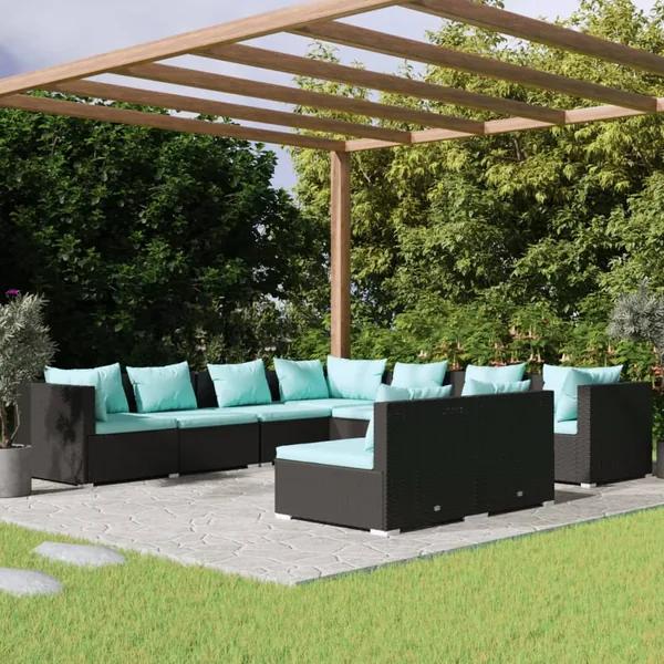 Salon de jardin 9 pcs avec coussins Noir Résine tressée