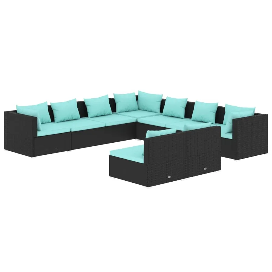 Salon de jardin 9 pcs avec coussins Noir Résine tressée - 2