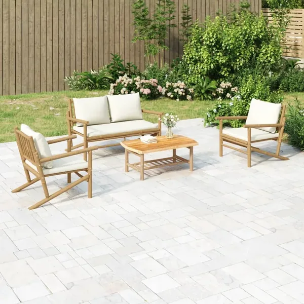 Salon de jardin 4 pcs avec coussins blanc crème bambou