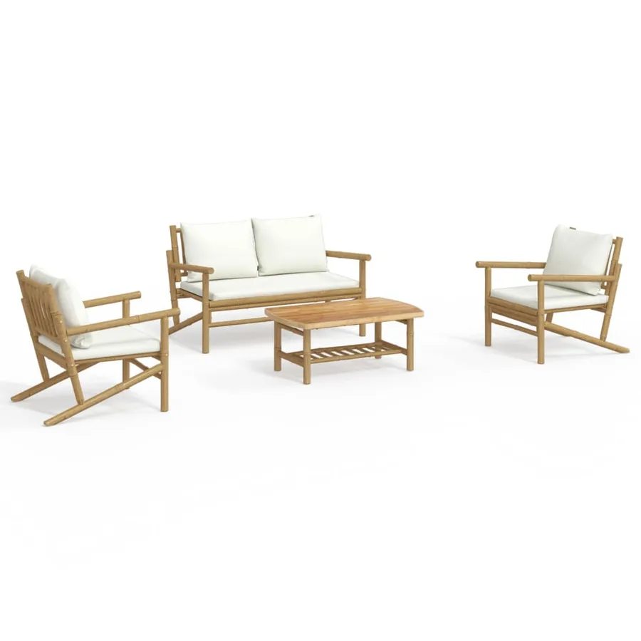 Salon de jardin 4 pcs avec coussins blanc crème bambou - 2