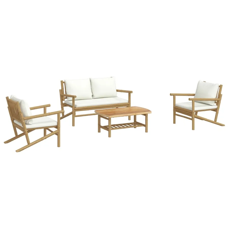 Salon de jardin 4 pcs avec coussins blanc crème bambou - 3