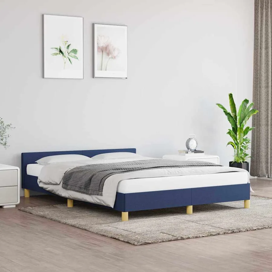 Cadre de lit avec tête de lit sans matelas bleu 140x200cm tissu