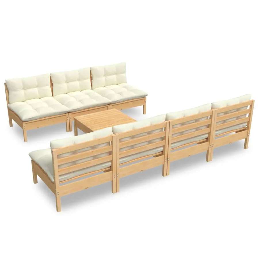 Salon de jardin 8 pcs avec coussins crème Bois de pin - 2