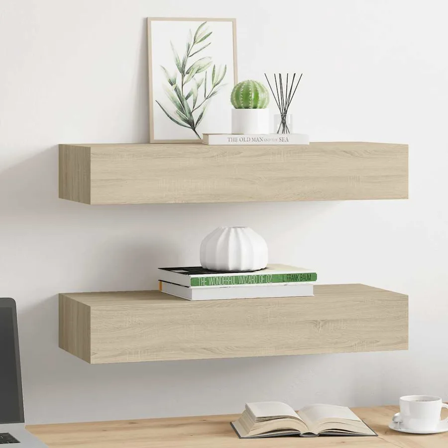 Étagères à tiroirs murales 2 pcs chêne 60x23,5x10 cm MDF - 3