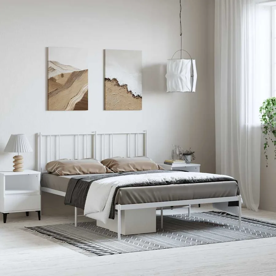 Cadre de lit métal sans matelas et tête de lit blanc 135x190 cm