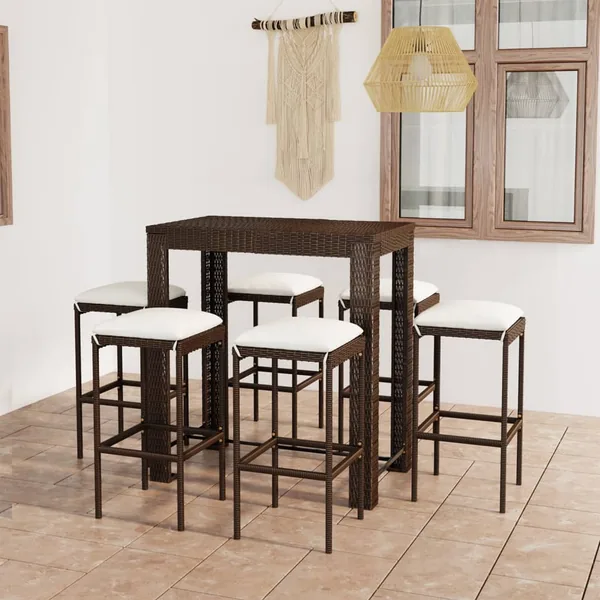 Ensemble de bar de jardin 7 pcs coussins Résine tressée Marron