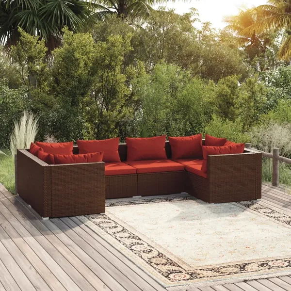Salon de jardin 6 pcs avec coussins Résine tressée Marron