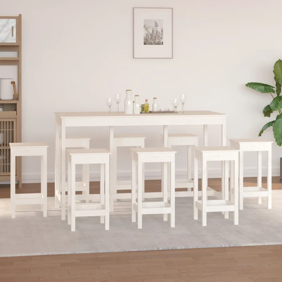 Ensemble de bar 9 pcs Blanc Bois de pin massif - 6