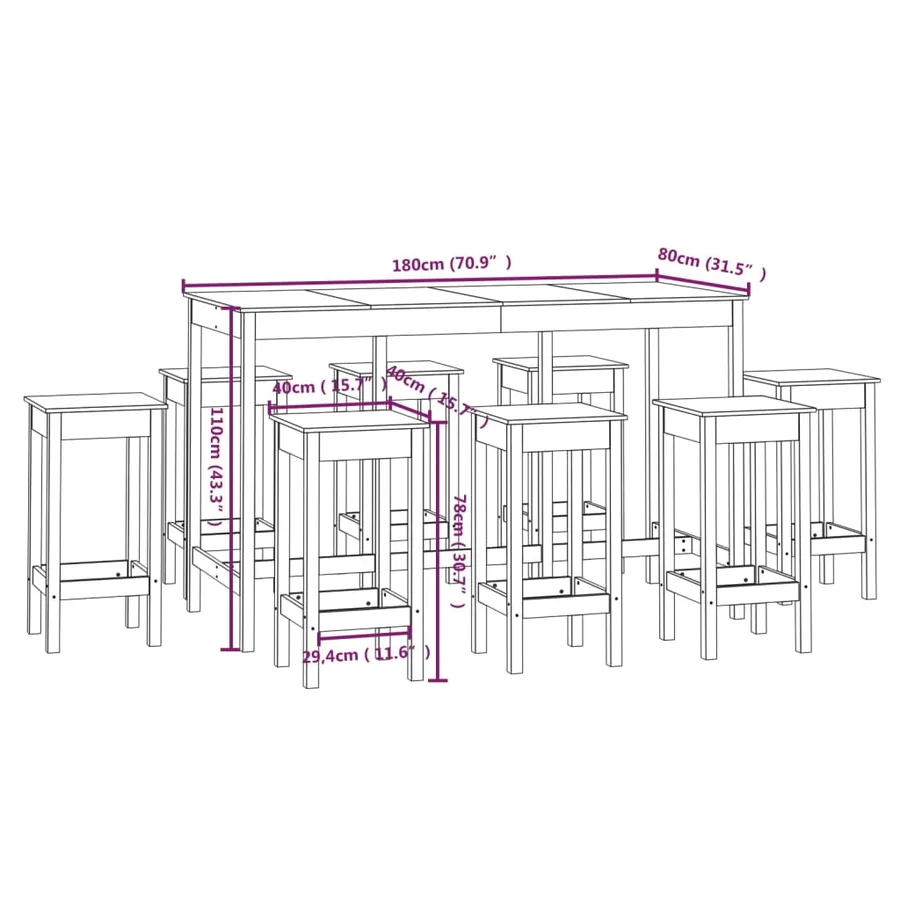 Ensemble de bar 9 pcs Blanc Bois de pin massif - 9