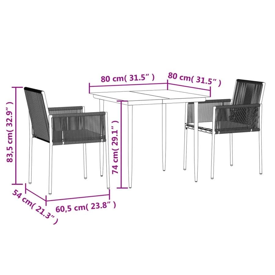 Ensemble à manger de jardin coussins 3 pcs noir rotin et acier - 10