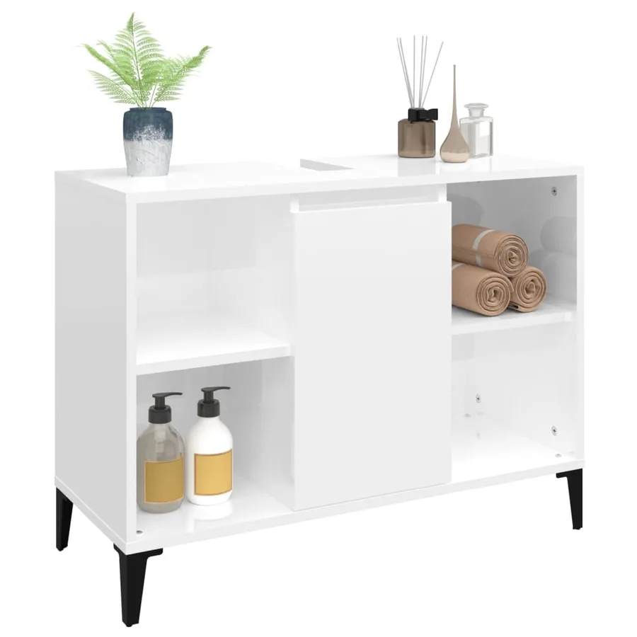 Meuble d'évier blanc brillant 80x33x60 cm bois d'ingénierie - 4