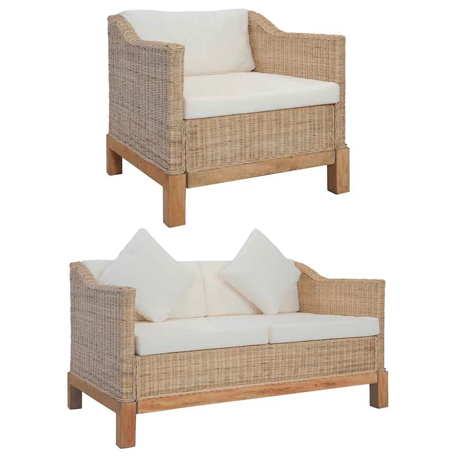 Ensemble de canapés 2 pcs avec coussins Rotin naturel