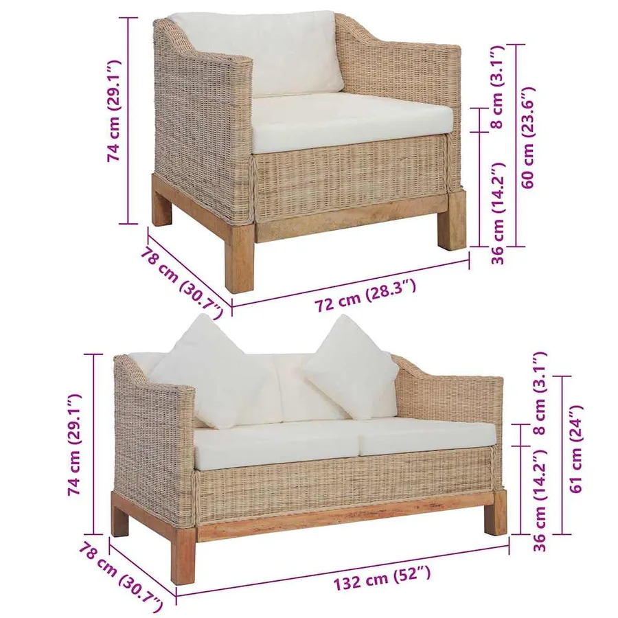 Ensemble de canapés 2 pcs avec coussins Rotin naturel - 14