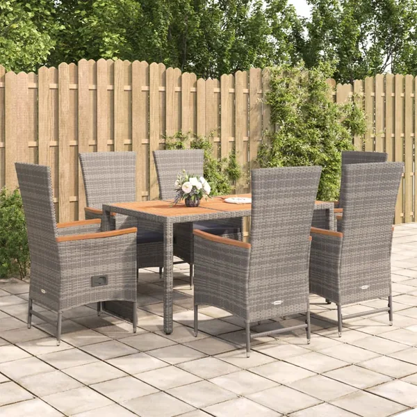 Ensemble à manger de jardin et coussins 7 pcs gris rotin