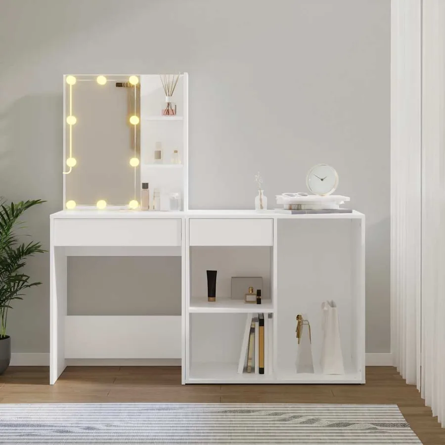 Coiffeuse à LED avec armoire Blanc Bois d'ingénierie - 4