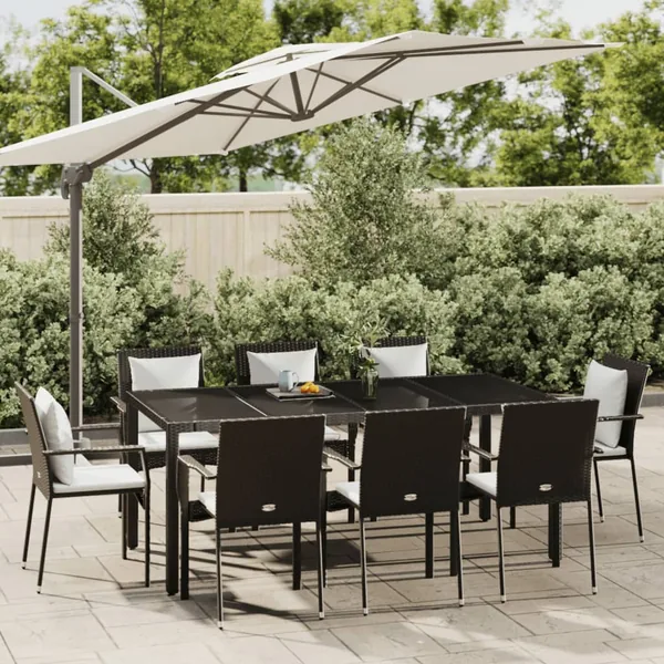 Ensemble à manger jardin 9pcs et coussins noir résine tressée