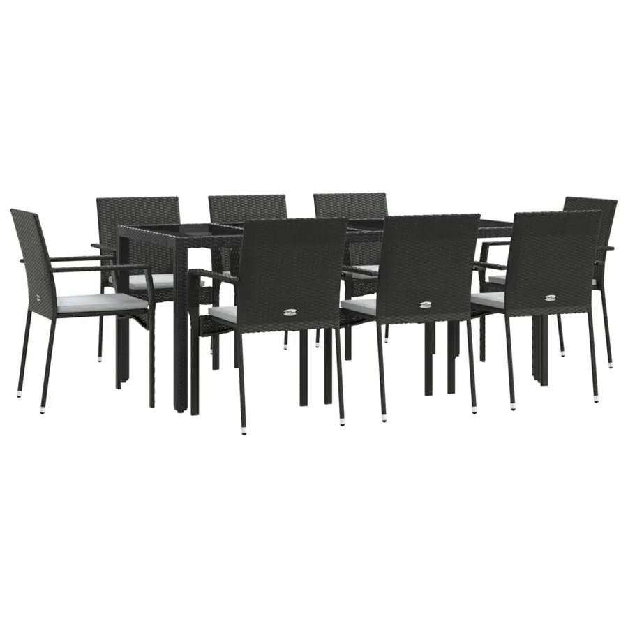 Ensemble à manger jardin 9pcs et coussins noir résine tressée - 3