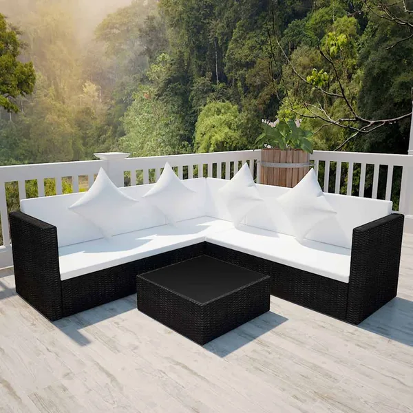 Salon de jardin 4 pcs avec coussins Résine tressée Noir