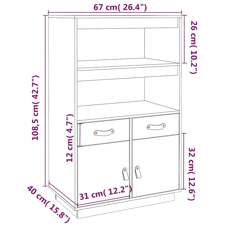 Buffet haut Noir 67x40x108,5 cm Bois massif de pin - 10