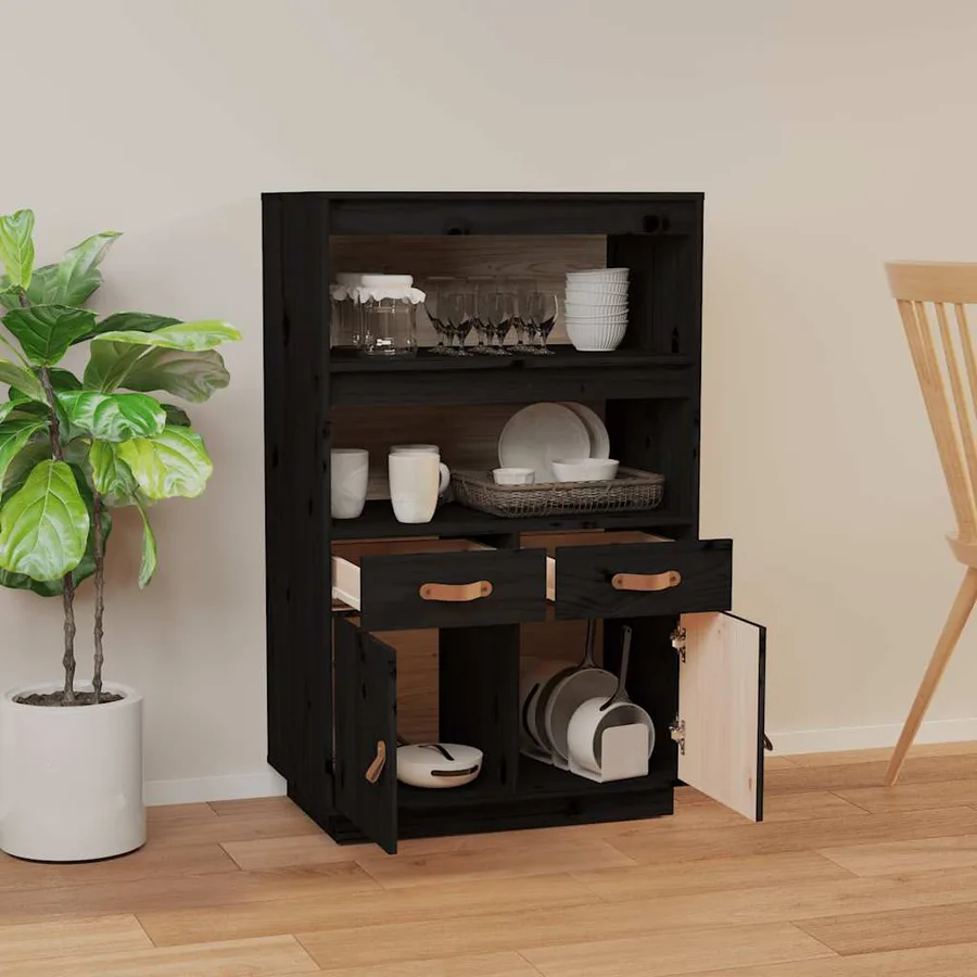 Buffet haut Noir 67x40x108,5 cm Bois massif de pin - 3