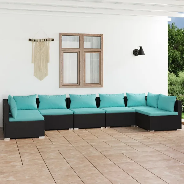 Salon de jardin 7 pcs avec coussins Résine tressée Noir