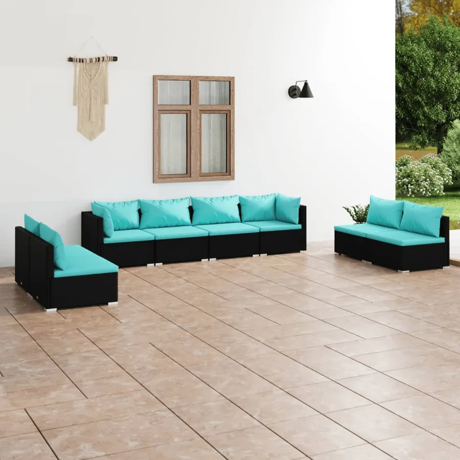Salon de jardin 8 pcs avec coussins Résine tressée Noir