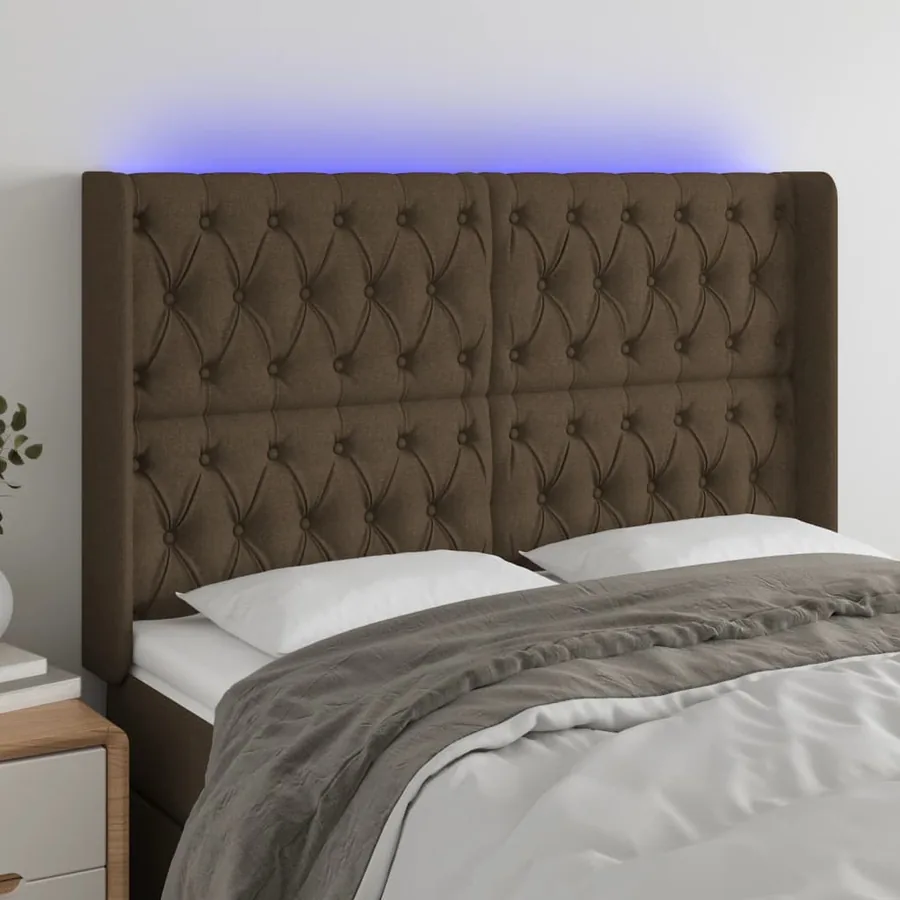 Tête de lit à LED Marron foncé 147x16x118/128 cm Tissu