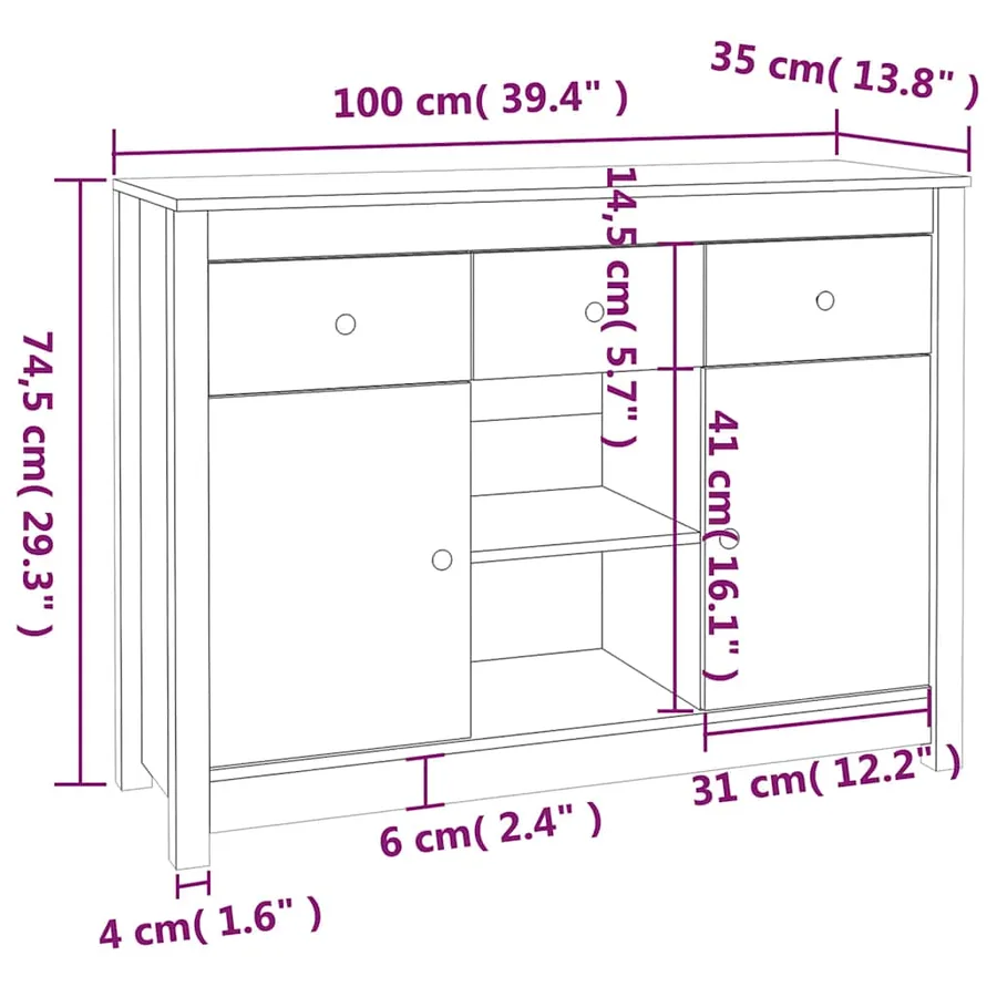 Buffet Noir 100x35x74,5 cm Bois massif de pin - 10