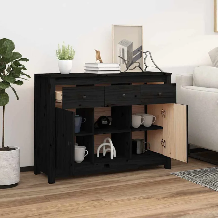 Buffet Noir 100x35x74,5 cm Bois massif de pin - 3