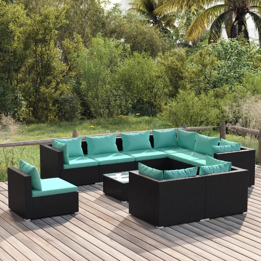 Salon de jardin 10 pcs avec coussins Résine tressée Noir