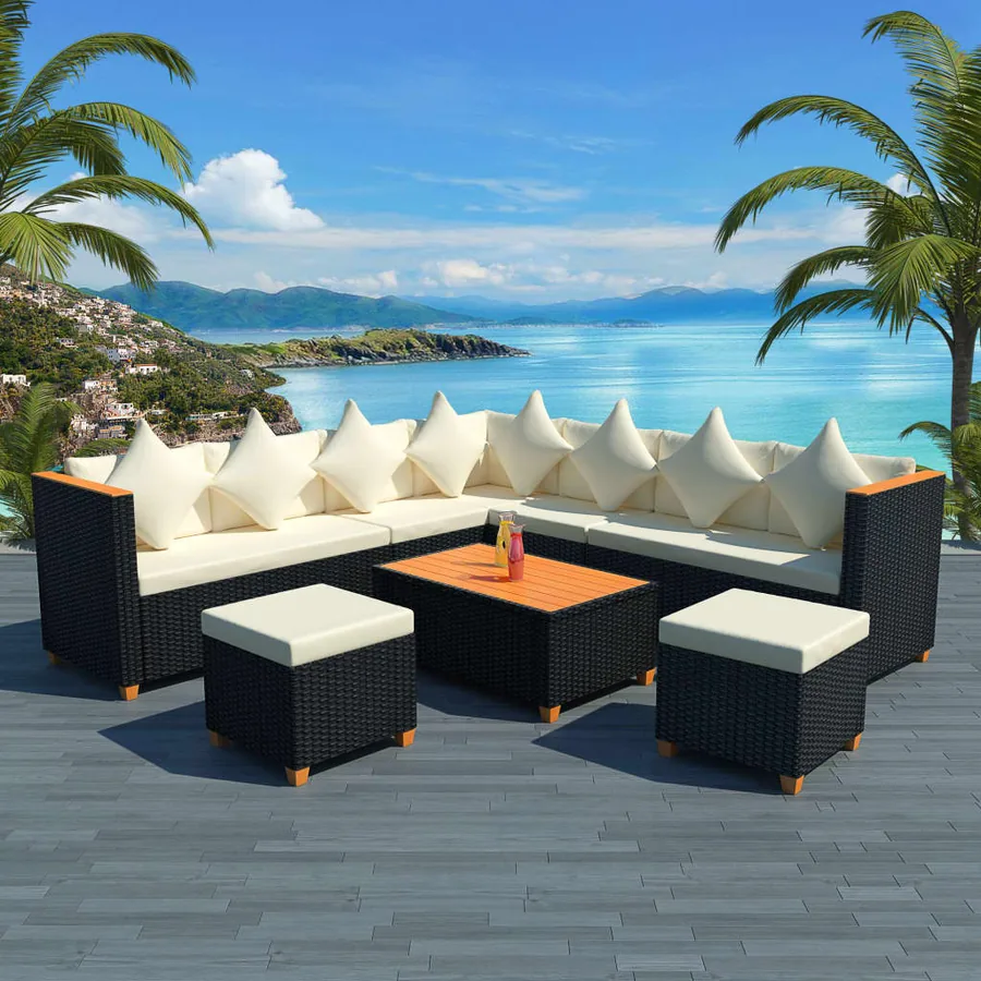 Salon de jardin 7 pcs avec coussins Résine tressée Noir