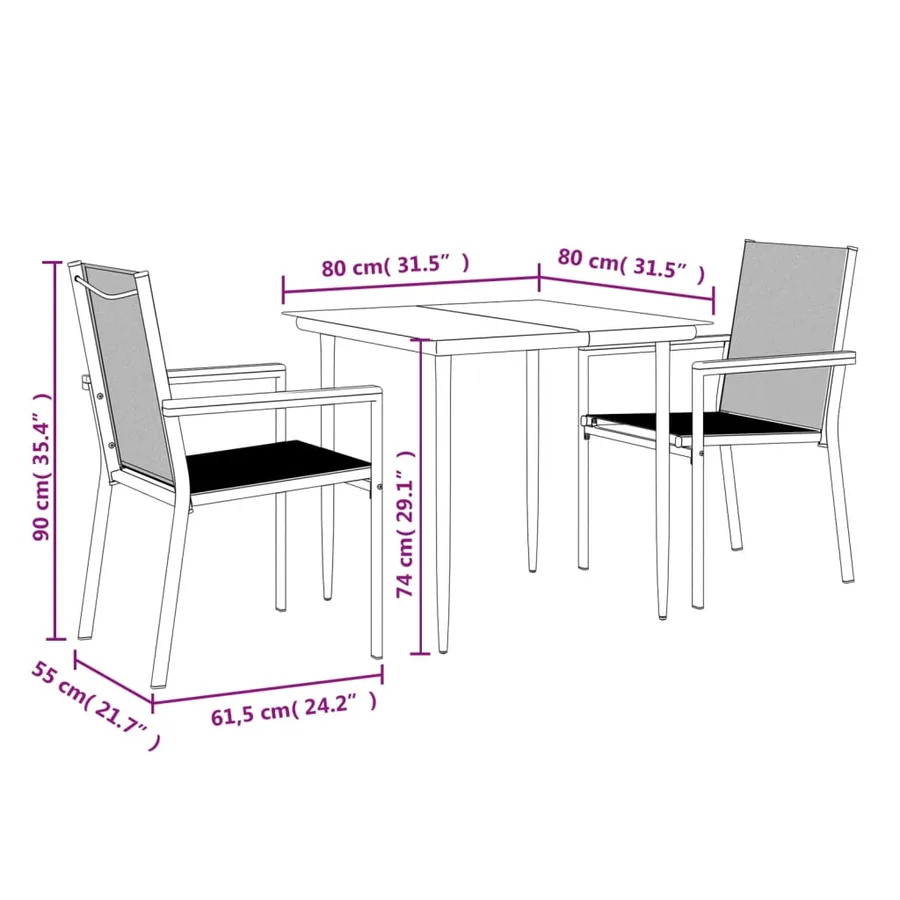 Ensemble à manger de jardin 3 pcs noir textilène et acier - 9
