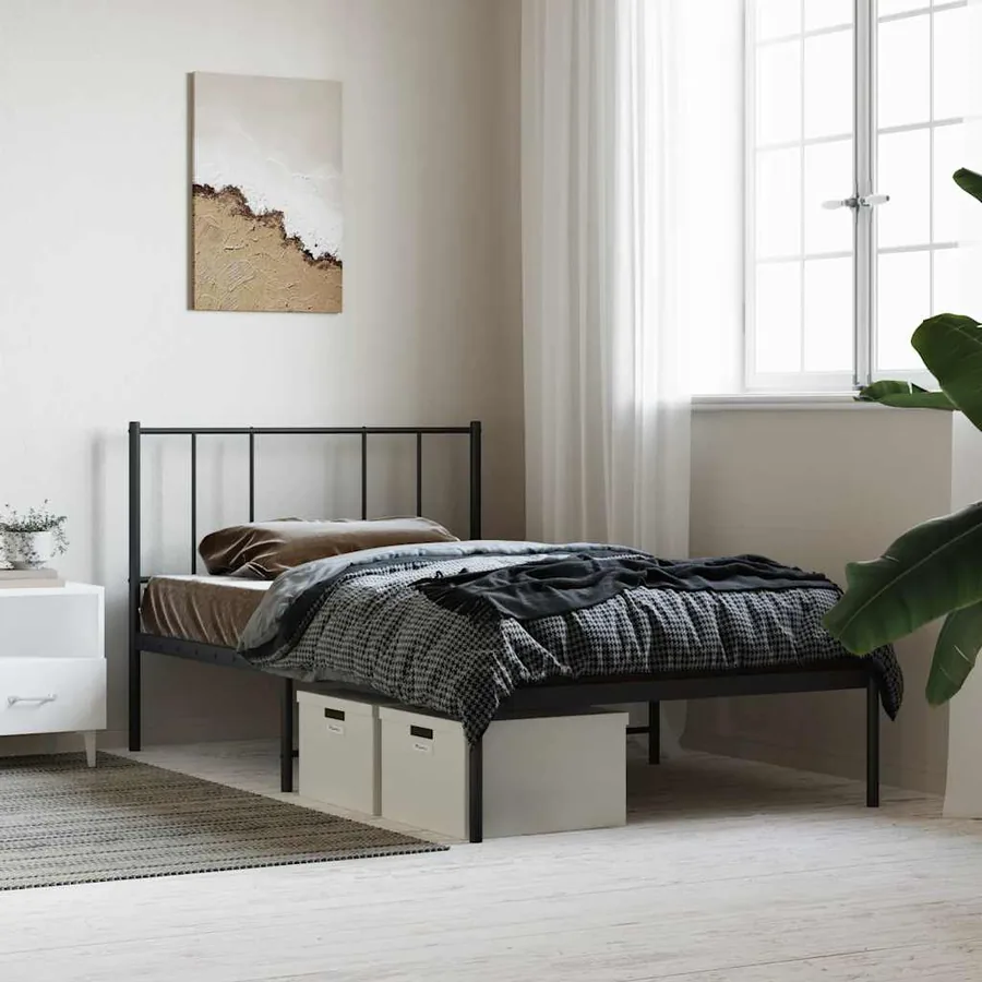 Cadre de lit métal sans matelas avec tête de lit noir 90x190 cm