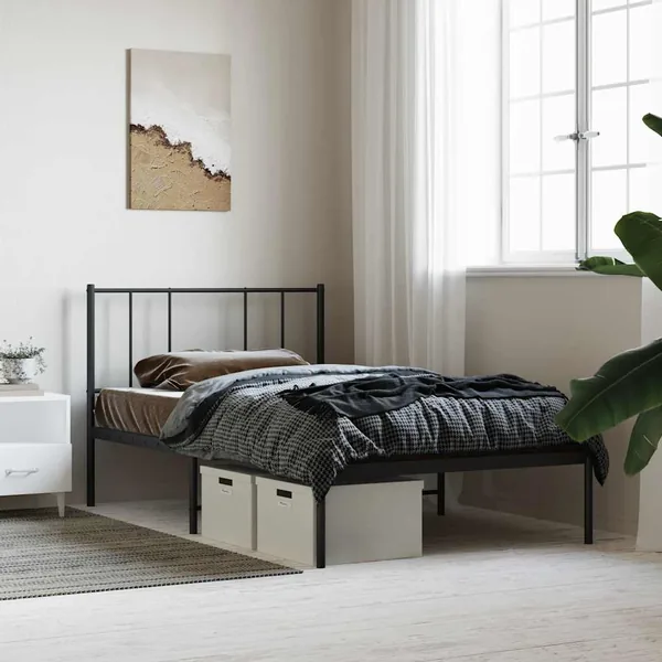 Cadre de lit métal sans matelas avec tête de lit noir 90x190 cm