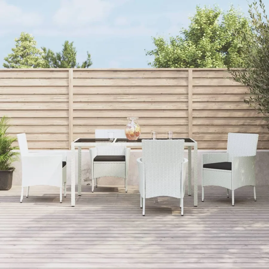 Ensemble à manger de jardin et coussins 5 pcs blanc poly rotin