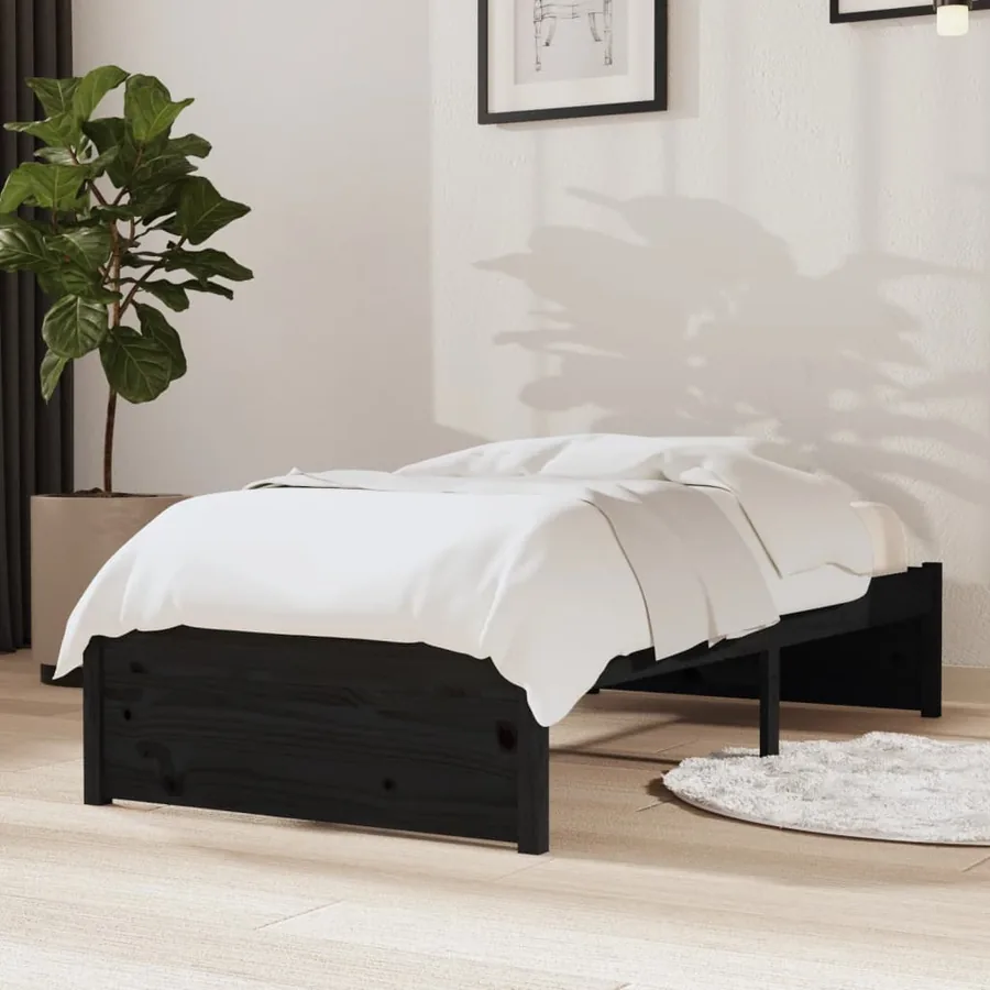 Cadre de lit sans matelas noir bois massif 75x190 cm