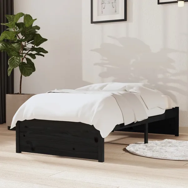 Cadre de lit sans matelas noir bois massif 75x190 cm