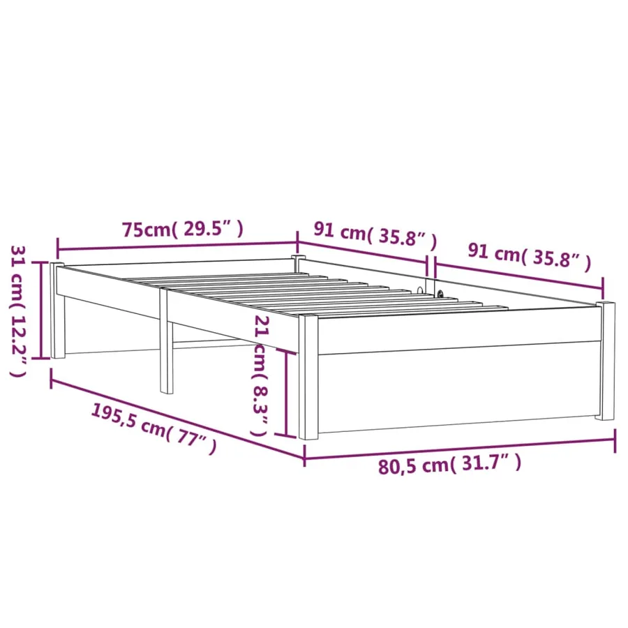 Cadre de lit sans matelas noir bois massif 75x190 cm - 10