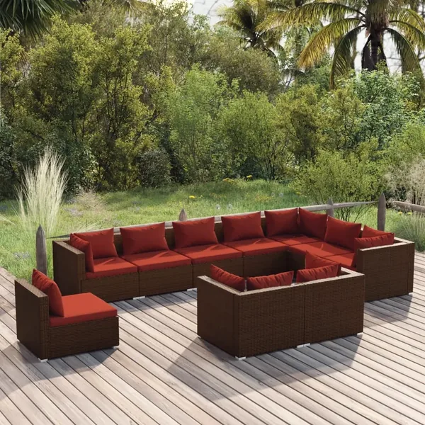 Salon de jardin 10 pcs avec coussins Résine tressée Marron
