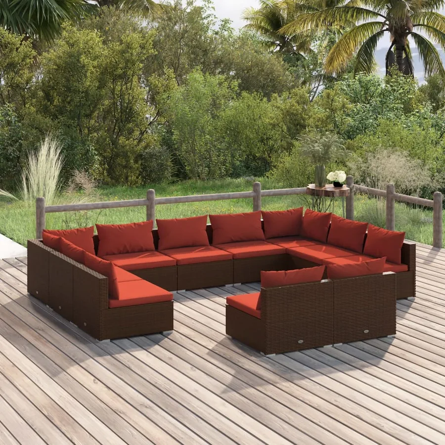 Salon de jardin 11 pcs avec coussins Marron Résine tressée