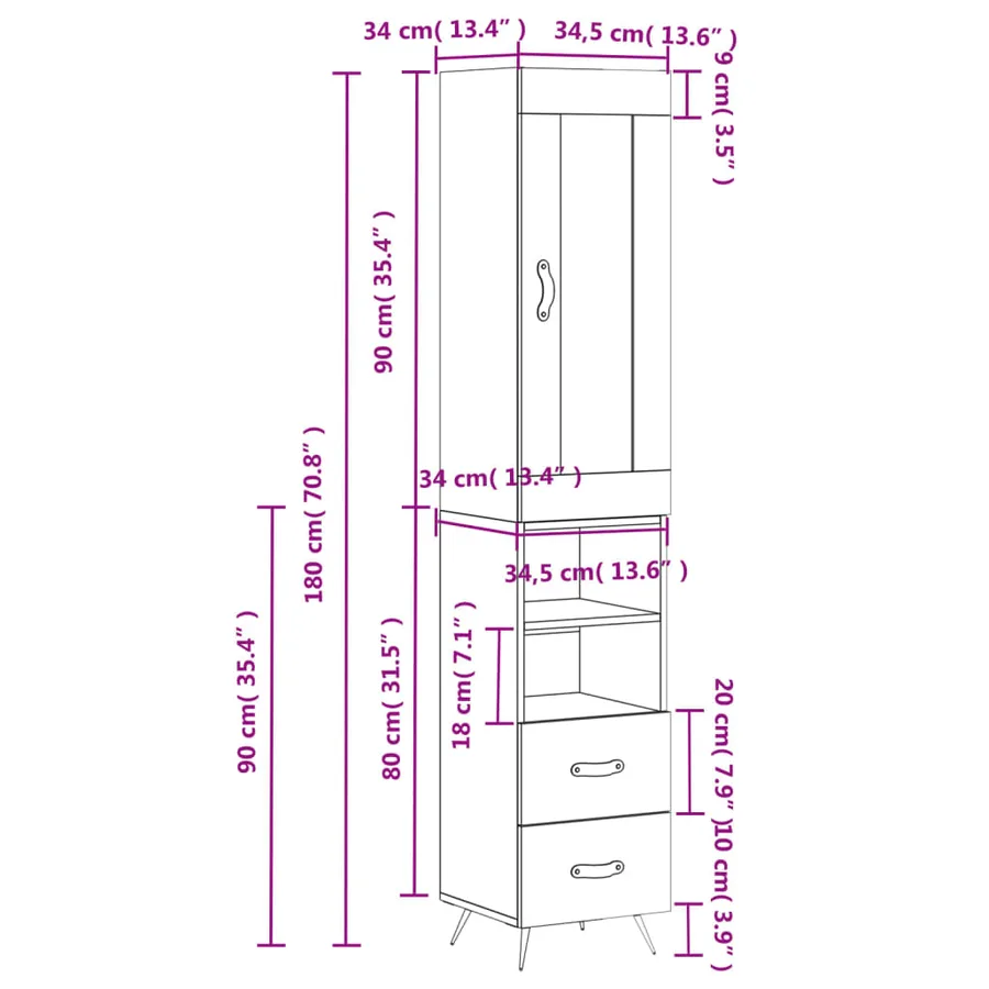 Buffet haut Blanc 34,5x34x180 cm Bois d'ingénierie - 14