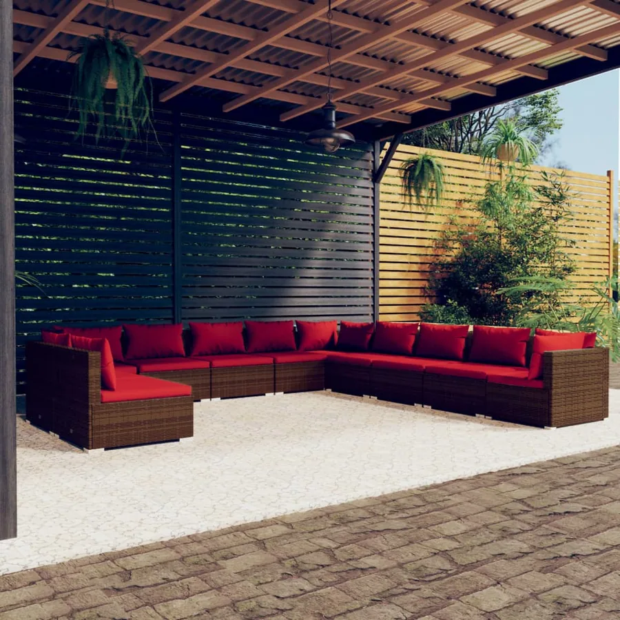 Salon de jardin 11 pcs avec coussins marron résine tressée
