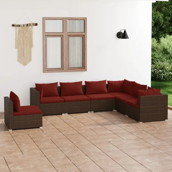 Salon de jardin 7 pcs avec coussins Résine tressée Marron