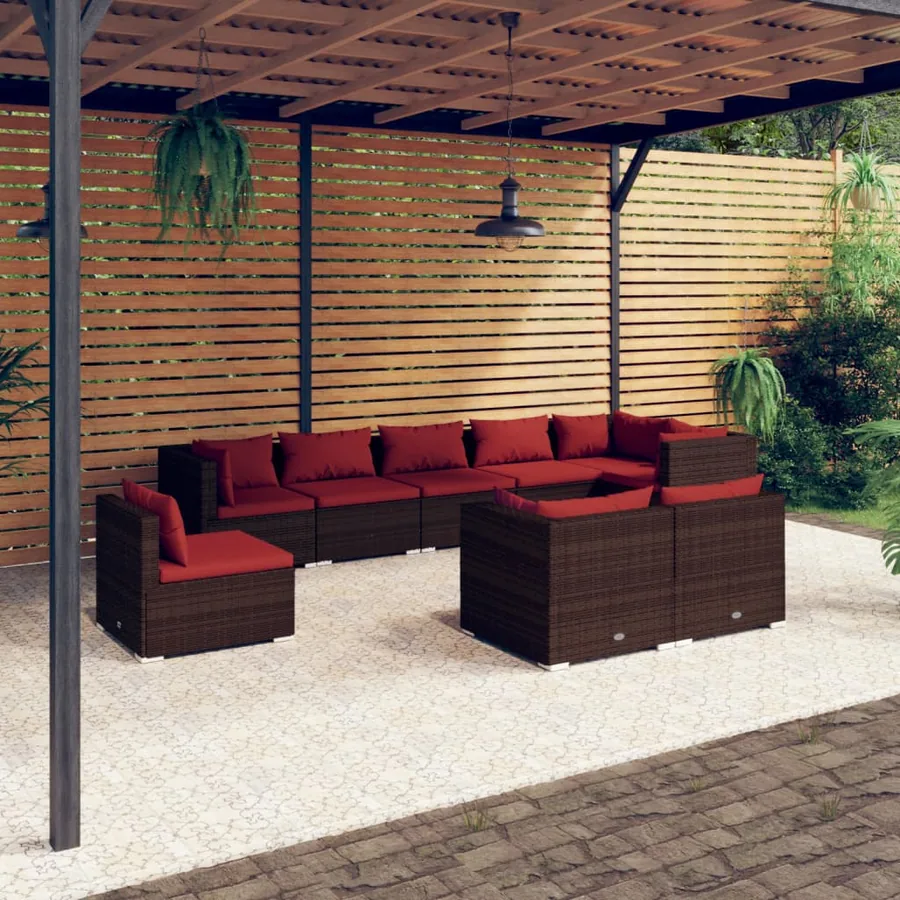 Salon de jardin 9 pcs avec coussins Résine tressée Marron